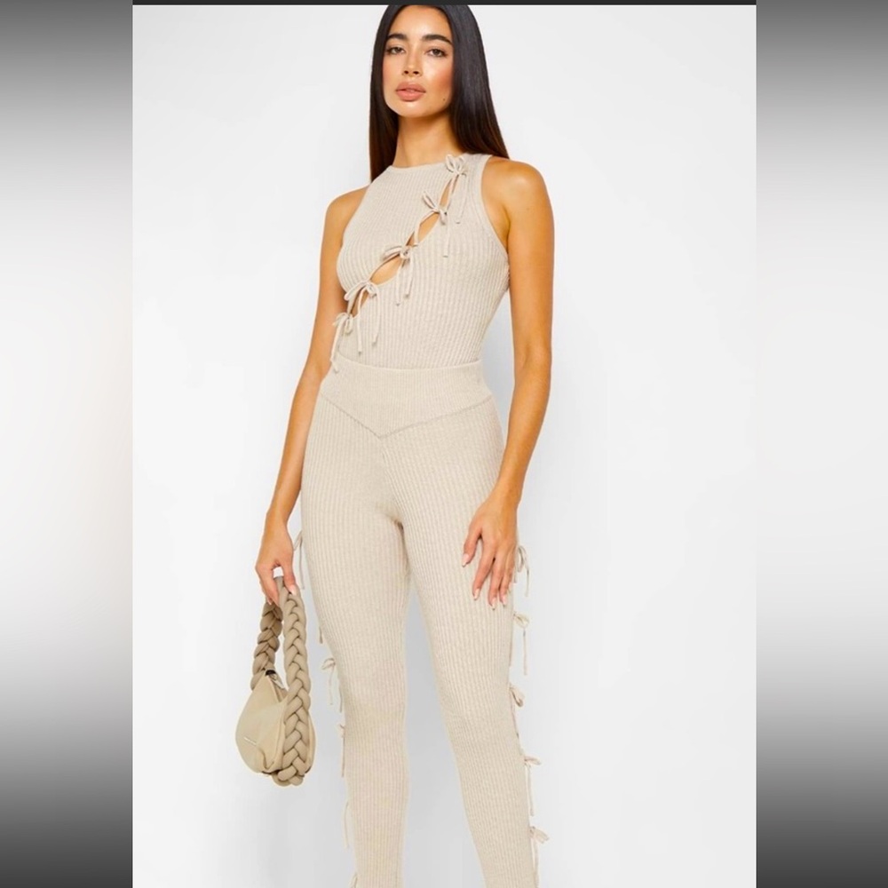 Maniere De Voir Knitted Lace Up Bodysuit and Leggings with Stirrups— beige